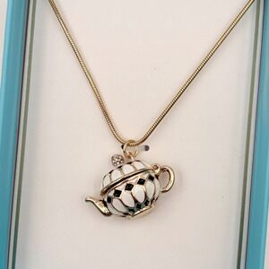 True to Form Teapot Locket Necklace Gold Tone Enamel White Adjustable Whimsical